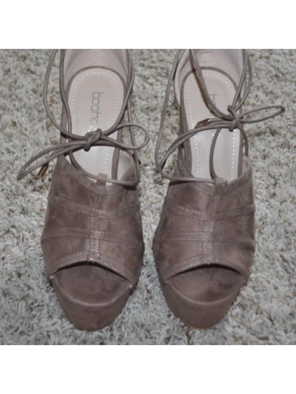 Womens Platform Heels Boohoo Suzana Brown size 6.5 Suede Caged Ankle Rope Pumps